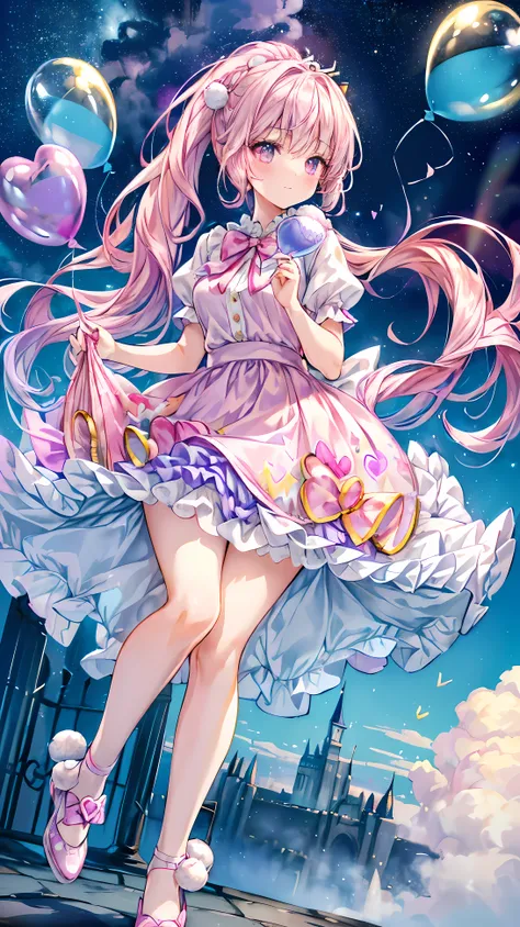 (whole body, legs and shoe visible: 1.2)) expressive eyes, 1 girl, pale skin, long hair, The wind blows the hair, ((absurdly long hair)), Long-sided locks, hime bangs, Hairline, OK, ((Very long double ponytail)), rainbow colored hair, light pink hair, blus...