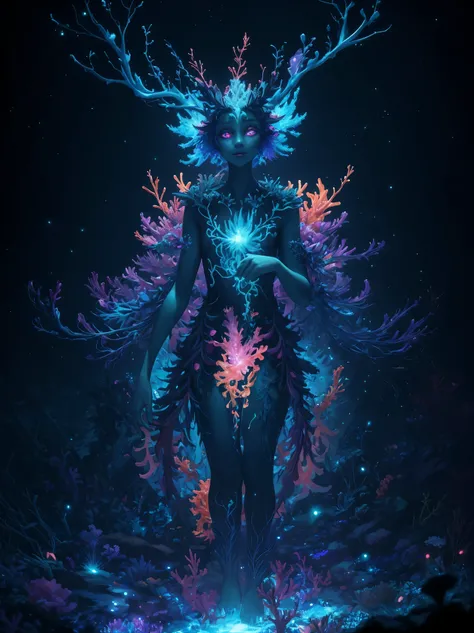 A creature formed from bioluminescent flora and fauna, blending the vibrant colors of a coral reef with the mysterious glow of fireflies. Highlight its ethereal beauty and incorporate cascading light effects.8K