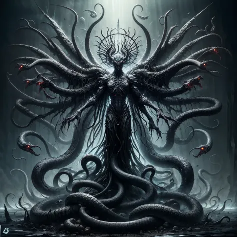 dark soul boss, elden ring style, hp.lovecraft,a terrific creature, an eldritch abomination, lots of long thick tentacles, count...