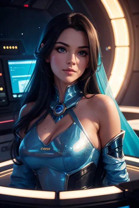 Photos in HD quality, Princess Jasmine on a futuristic space station, the distant future, alien technologies, technological control panels, monitors, large portholes, stars, super high quality model, clean detailed face, sophisticated clothing, analog colo...