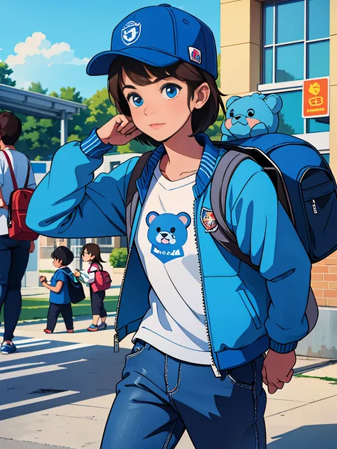 mascot,blue bear,with school unifrom,go to school,cute,with hat,with jacket,cool,carry bag