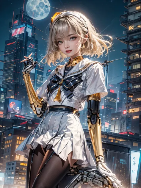 cinematic lighting,super dense skin、Beautiful quality with attention to detail,perfect anatomy,cyber punk、(dim color, pleasant color:1.3),(Detailed beautiful facial features、golden eyes:1.3)(sailor suit、Black pleated skirt:1.4)(Arms and legs are mechanical...