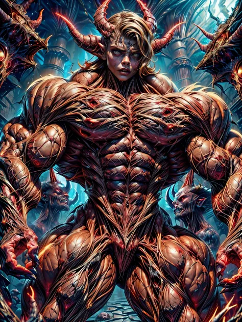 (1 girl), (cara delevingne:1.25), (carnage skinless physique:1.5), (1 super muscular undead skinless succubus with gigantic horns:1.5), (covered in red necrotic rotting skinless muscle:1.5), (exposed muscles & veins everywhere:1.5), (perfect fingers:1.25),...