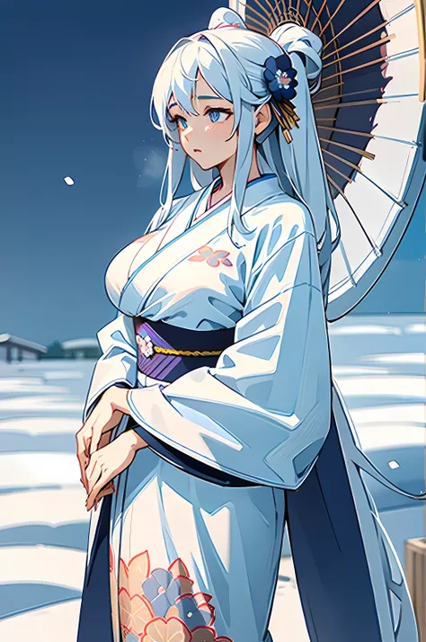 4k, masterpiece, high detail, 1 woman, long white hair, big , wearing white kimono with blue flowers, snow field background