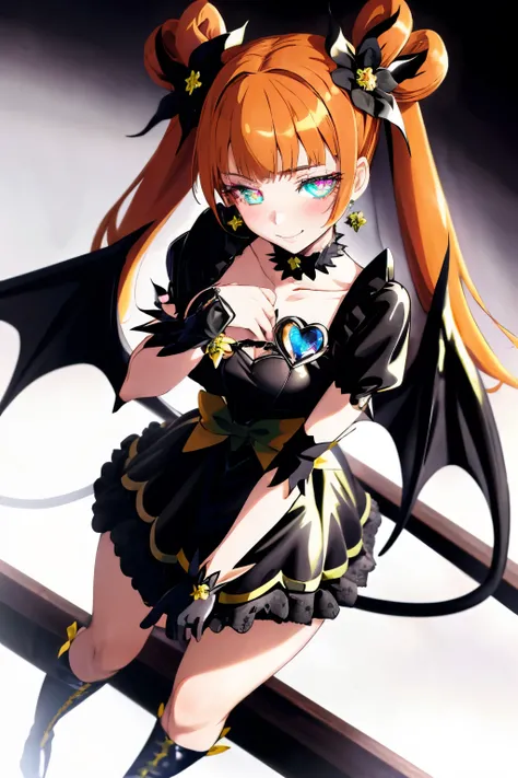 best quality, ultra detailed,1girl, solo, aaalice, yellow eyes, orange hair, long hair, twintails, double bun, hair ornament, hair flower, earrings, green choker, magical girl, heart brooch, dress, (black dress:1.2), black shorts, puffy short sleeves, blac...