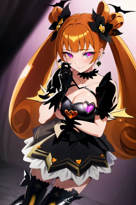 best quality, ultra detailed,1girl, solo, aaalice, yellow eyes, orange hair, long hair, twintails, double bun, hair ornament, hair flower, earrings, green choker, magical girl, heart brooch, dress, (black dress:1.2), black shorts, puffy short sleeves, blac...