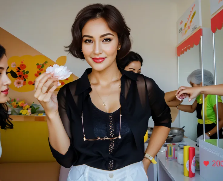 Theres a woman holding a doughnut in her hand, Uma mulher com pele branca bronzeada e cabelos escuros. ela tem cerca de 35 anos. Your slightly plump lips are like a delicate flower, o marrom escuro dela, olhos grandes e encantadores parecem conter um mundo...