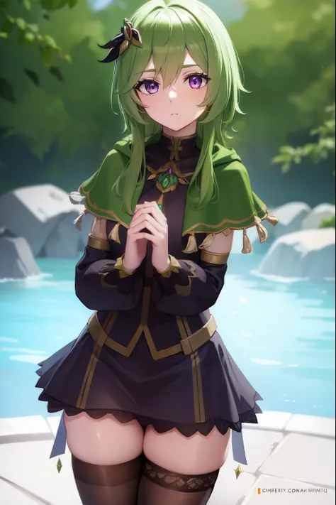 collei, collei, crossed bangs, green hair, hair ornament, medium hair, (purple eyes:1.1), sidelocks,
BREAK black gloves, black skirt, black straps, bridal gauntlets, brown thighhighs, capelet, detached sleeves, gem, gloves, green capelet, green gemstone, j...