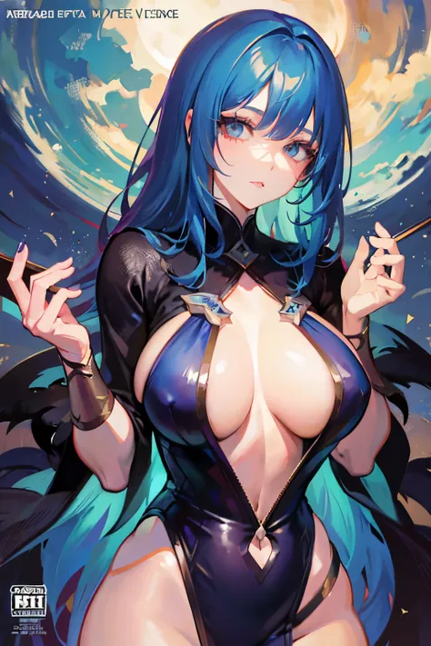 Masterpiece, best quality, 1woman, female focus, solo,
Blue-haired woman with bangs covering left eye --s2,
Immersive anime-style illustration,
Detailed character design, magazine cover,
Distinctive blue hair cascading down her back,
Bangs artfully conceal...