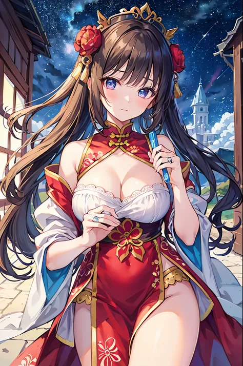 （masterpiece）、(highest quality)、((Super detailed))、(super delicate)、naughty chinese princess、Pastel colors hair、beautiful breasts、gorgeous castle、Fantastic starry sky、Rainbow Ring