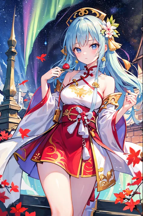 （masterpiece）、(highest quality)、((Super detailed))、(super delicate)、naughty chinese princess、Pastel colors hair、beautiful breasts、gorgeous castle、Fantastic starry sky、aurora