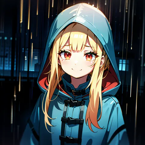 girl, blonde hair, red eyes, rain, looking down, smile, tears, blue raincoat, hood up, town