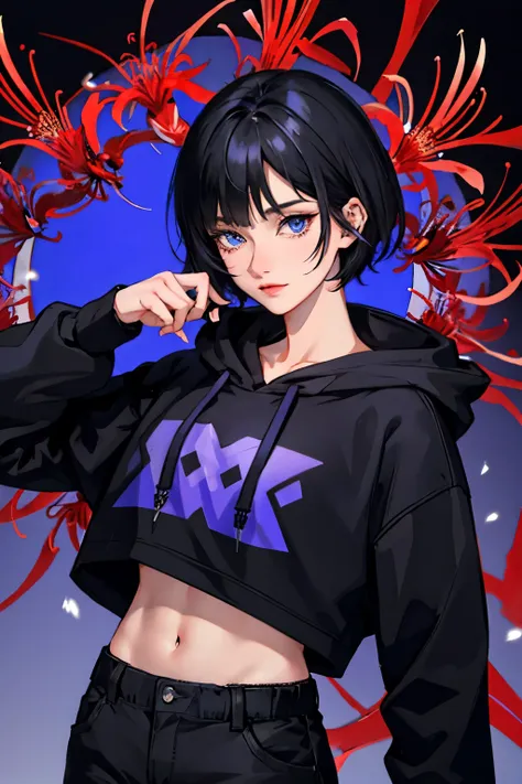 female character with black shortcut hair, faded blue eyes with a cool nature, wearing a black and purple hoodie. The background is decorated with red spider lilies