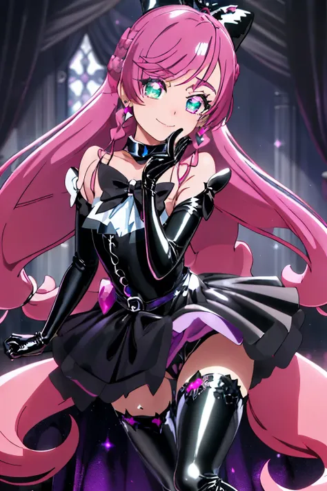 best quality, ultra detailed,1girl, solo, (cure_prism_hirogaruskyprecure:1.15), long hair, green eyes, pink hair, bow, bangs, black bow, 1girl, braid, gloves, holding, looking at viewer, black gloves, earrings, black skirt with frills, medium breast, black...