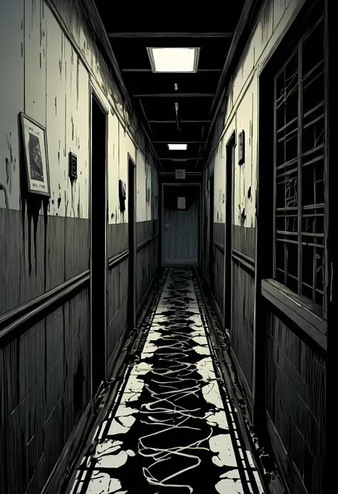 (best quality,4k,8k,highres,masterpiece:1.2),ultra-detailed,realistic:1.1,black and white,hatched lines,detailed linework in a Japanese line art style,creepy and eerie hospital corridor scene,jagged shadows,stark contrast between light and dark,gritty text...