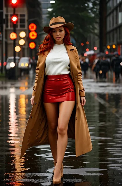 gorgeous woman wearing a tan coat and red miniskirt, luxurious red hair, full body shot, fedora, rain, soaking wet