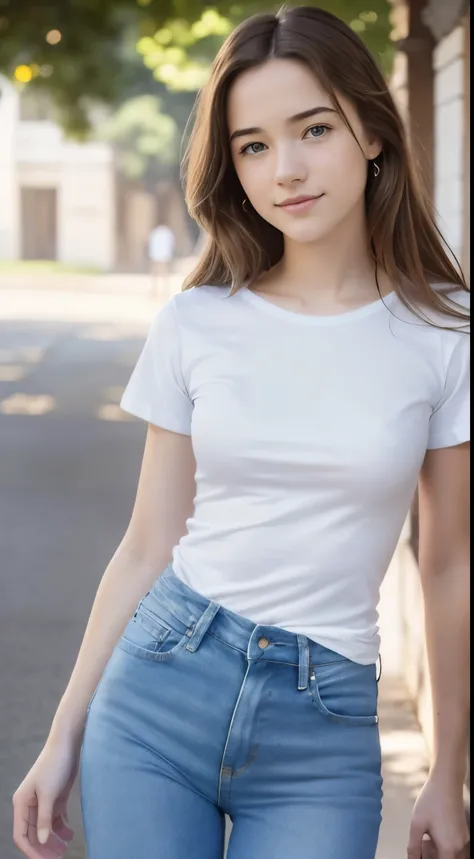 Foto hiperrealista en primer plano de Willa Fitzgerald, masterpiece, best quality, (photorealistic:1.4), full body, (white t-shirt:1.2), (blue jeans:1.1), collage campus, sunny day, cinematic light, beautiful woman, skinny, small breasts, straight brown ha...