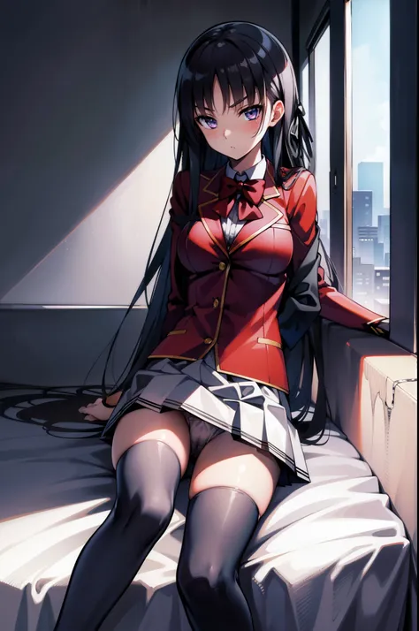 ((taken from the down)), suzunehorikita, suzune horikita, sit on bed, black hair, braid, long hair, (purple eyes:1.1), BREAK advanced nurturing high school uniform, black thighhighs, blazer, bow, bowtie, buttons, jacket, long sleeves, pleated skirt, school...