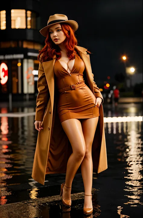 gorgeous woman wearing a tan coat and red minidress, sexy, luxurious red hair, full body shot, fedora, rain, soaking wet