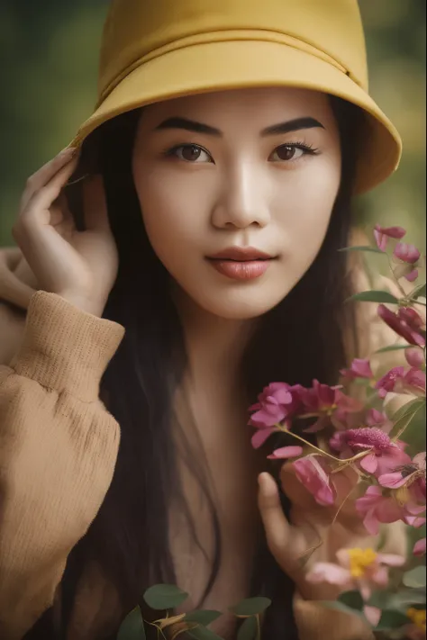 Stunning vibrant portrait of a young Asian woman wearing a hat, holding a beautiful flower in her hand. The womans face is adorned with the delicately placed flower. The photograph captures her as the heir to the blooming beauty of nature. This close-up po...