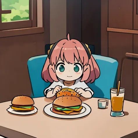 , anya, sitting at the table, arms on the table, Burger on the table, looking at the burger,