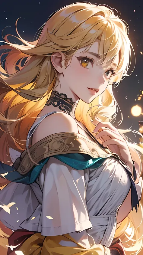 Girl, flowing golden blonde hair, yellow eyes, golden imperial outfit, neckline, anime, the background is a clear sky with twinkling lights, dynamic angle, arrogant laughter