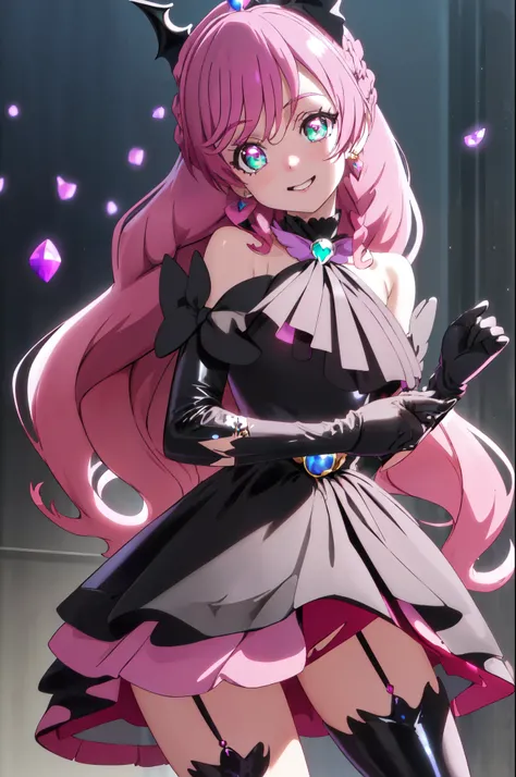 best quality, ultra detailed,1girl, solo, ((cure_prism_hirogaruskyprecure)), long hair, green eyes, pink hair, bow, bangs, black bow, 1girl, braid, gloves, holding, looking at viewer, black gloves, earrings, black skirt with frills, small breast, black ena...