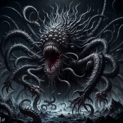 dark soul boss, elden ring style, hp.lovecraft,a terrific creature, an eldritch abomination, lots of long thick tentacles, count...