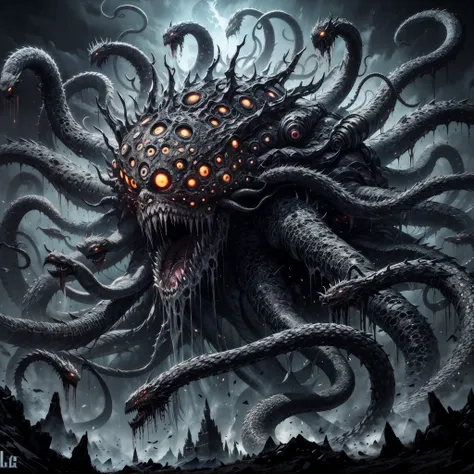 dark soul boss, elden ring style, hp.lovecraft,a terrific creature, an eldritch abomination, lots of long thick tentacles, count...