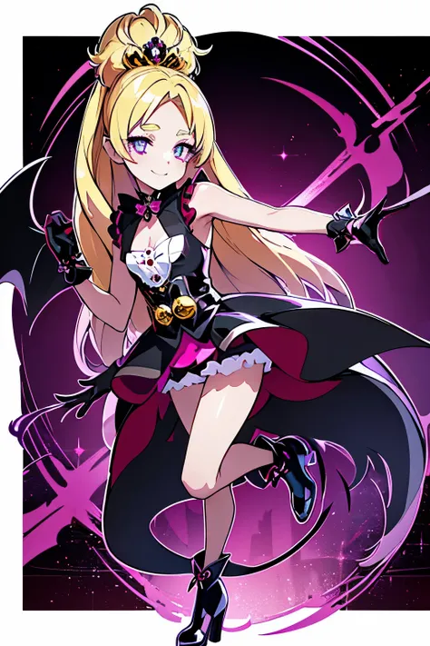 best quality, ultra detailed,1girl, solo, cure flora, (blonde hair), black skirt with frills, black tiara, wrist cuffs, purple shorts, black dress, boots, medium breast, TwilightBelt, black enamel boots, evil smile, (shiny fabric:1.5), full body shot, purp...