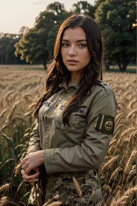 paparazzi photo of graciebon, wearing (army uniform:1.2), wheat field, upper body, fill lighting, eye level, 