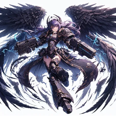 
Masterpiece, best quality, ultra-detailed, anime style, full body of space marine girl, like shadow given form, huge wings, dancing raven feathers, jet black power armor, both hands as lightning HUGE GIANT claws, supernatural Lightning, Warhammer 40k, 8k ...