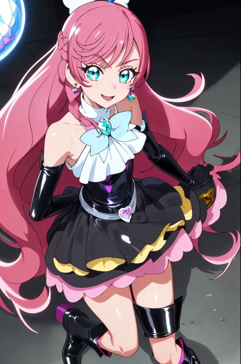 best quality, ultra detailed,1girl, solo, ((cure_prism_hirogaruskyprecure)), long hair, green eyes, pink hair, bangs, black bow, 1girl, braid, looking at viewer, earrings, black skirt with frills, small breast, black enamel boots, open, mouth, cruelty look...