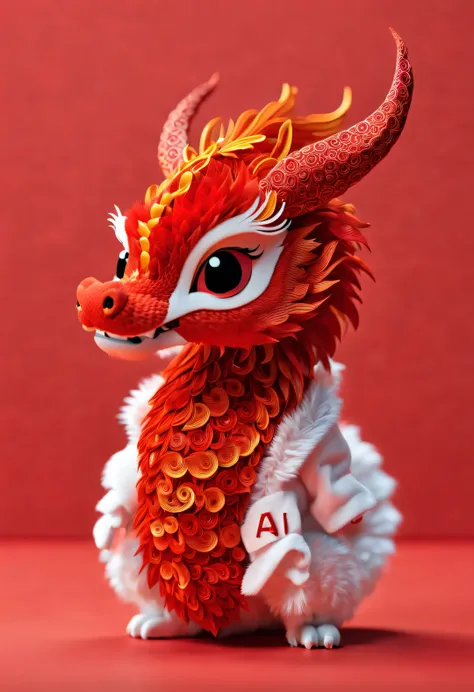 3d rendering, realistic fur, red wallpaper, Simple modern style, beautiful wallpaper, Super skinny naughty red and orange zodiac dragon baby dances playfully, frontal portrait, (looking at camera), Beijing, 🦑   design, (Wearing an embroidered hoodie), (mon...