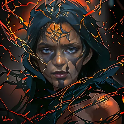 Create a stunning and vivid scene, mergulhando em uma paleta ardente de laranja, amarelo e vermelho para representar uma mulher imersa no inferno. In this cinematic portrait, she is surrounded by barbed wire, tridentes, caveiras e zumbis, evoking an aura o...