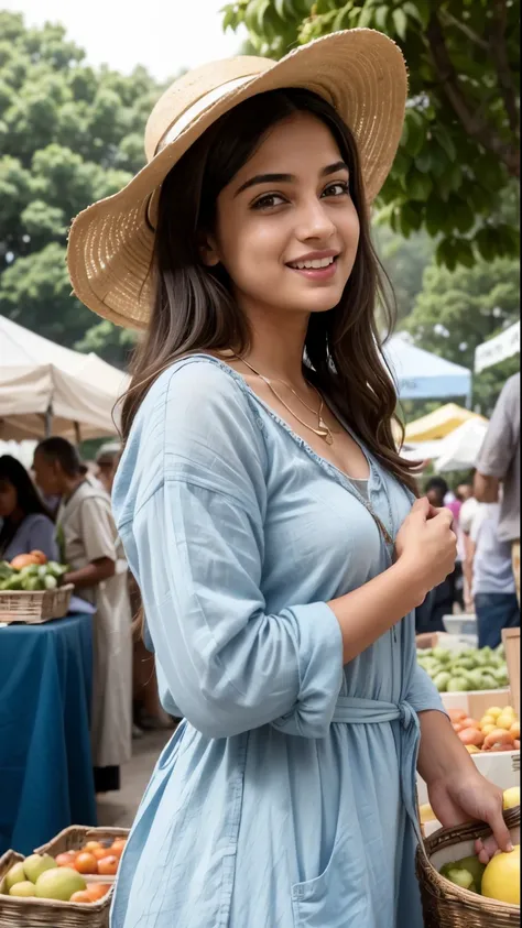 In a vibrant and bustling farmers market, in the dim light of a sunny morning, is Camila, an 18-year-old woman. Her brown hair, streaked with the first signs of silver, is tied in a simple but elegant bun, allowing the warmth of the sun to illuminate her f...