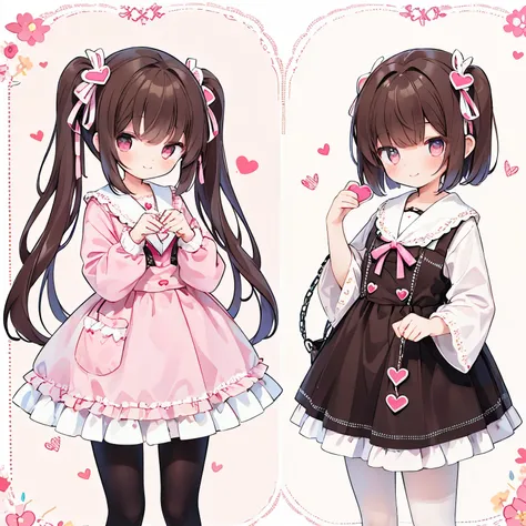 1 girl、Brown hair、bob、pink and brown lolita clothes、White tights、tights are white、have a heart、smile、Fluffy、pink eyes、slanted eyes