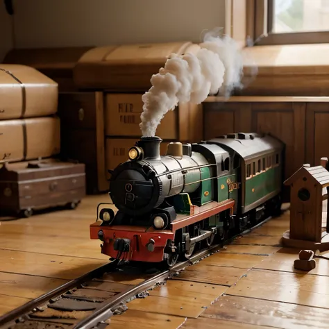 Create a high-quality image, with advanced levels of detail and cinematic style, depicting a train emerging from a childs imagination.

The composition of the scene should show a  sitting at a table, with their eyes closed and a smile on their face. A toy ...