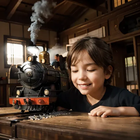 Create a high-quality image, with advanced levels of detail and cinematic style, depicting a train emerging from a childs imagination.

The composition of the scene should show a  sitting at a table, with their eyes closed and a smile on their face. A toy ...