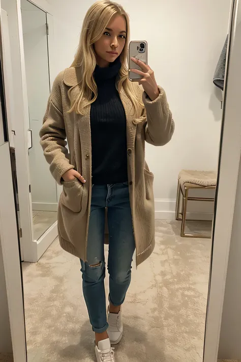 blonde model, mirror selfie, winter casual outfit