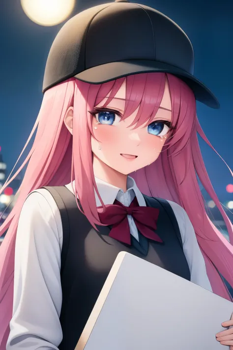 (masterpiece, best quality: 1.2), close-up shot, a person with long pink hair, blue eyes, wearing a black snapback hat, with a white long-sleeved sweater and a black knitted vest, a gray short school skirt, very detailed, best quality, expressive eyes, per...