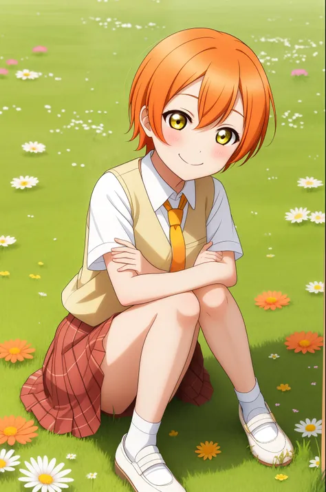 masterpiece, best quality, Hoshizora rin, orange hair, yellow eyes, blushing , smile , skirt , front tie shirt, shoes, white socks , sitting on ground, crouching,in grass field, flowers