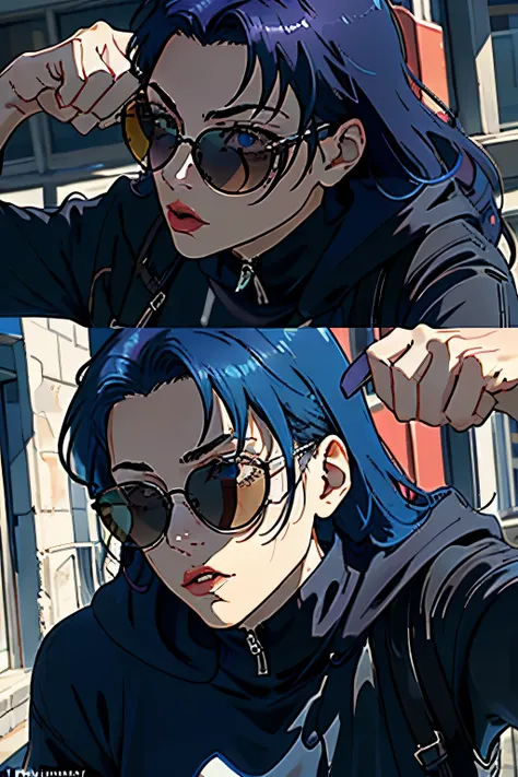 **top-quality masterpiece**, Male and female couples **enjoying the sun**, Dark blue, violet, and purple sunglasses **adding an edgy touch to their stylish outfits**. Anime guy in a hoodie, wearing dark red or black sunglasses **protecting his eyes from th...