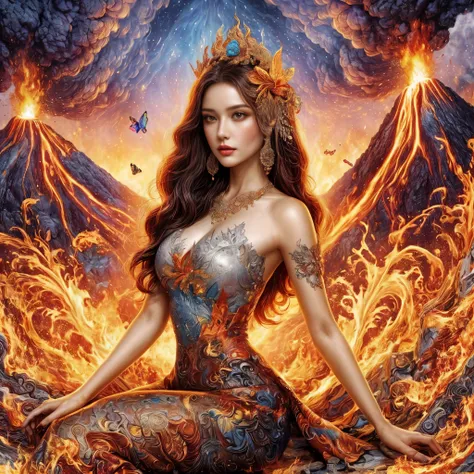 a woman in a dress sitting on a rock with a volcano in the background, the butterfly goddess of fire, lava and fire goddess, goddess of fire, appears as the fire goddess, hot fire goddess, fire goddess, karol bak uhd, very beautiful fantasy art, beautiful ...