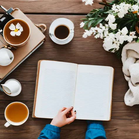 angle from above, retro table, a blank book and a mug are on the table., the book is open, there is a hot drink in the mug, furt...