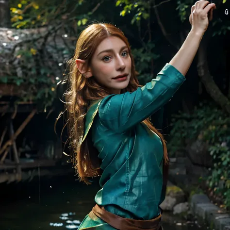 Tauriel, the elf from The Hobbit movie, best quality, ultra-detailed CG unity 8k wallpaper, floating, high resolution, dynamic pose, beautiful face, (blue eyes:1.2, yellow hair:1.3, green clothes), depth of field, white forest, golden leaves, magic light)