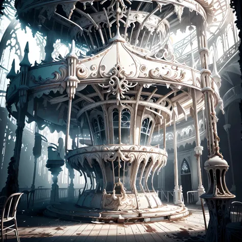 close-up of a white abandoned carousel, fantastic atmosphere and drama, eerie aesthetics, detailed white interior, atmospheric, ...