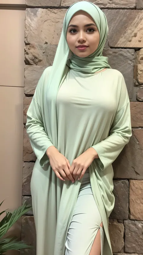 RAW, Best quality, high resolution, masterpiece: 1.3), Beautiful Malay woman in hijab, Masterpiece, perfect fit body, Big breasts, beautiful big eyes, Soft smile, facial details, beautiful face, thick thighs, close up, woman standing in front of a wall, we...