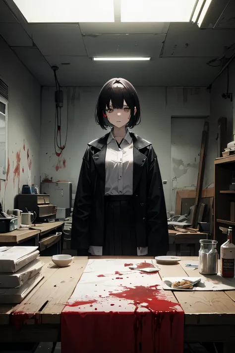 16K,beautiful, table top, highest quality, highly detailed face, perfect lighting,1 girl、long coat of black color、black hair.short hair、have an ax、Abandoned hospital、terrorism、There are blood stains、scary face、While looking at this、There is blood on the cl...