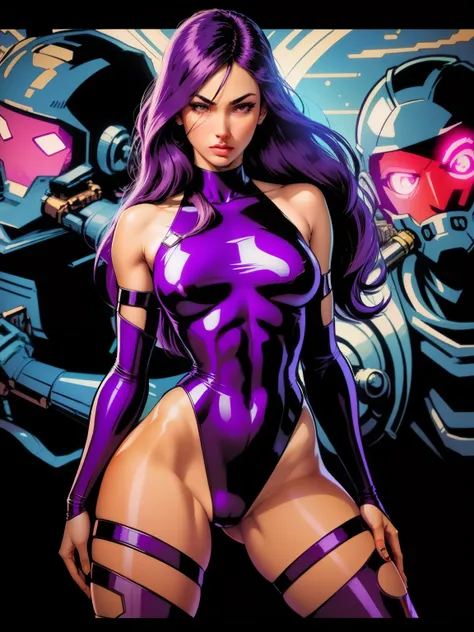 (((comic style, cartoon art))), cinematic. 01, Alone, alone, 18 yeras old, A comic style image of X-Men member Psylocke posing for photo, Sesual Pose. She wears her traditional attire, (((right hand with megenta and violet power))), Perfect body, (((hot sl...